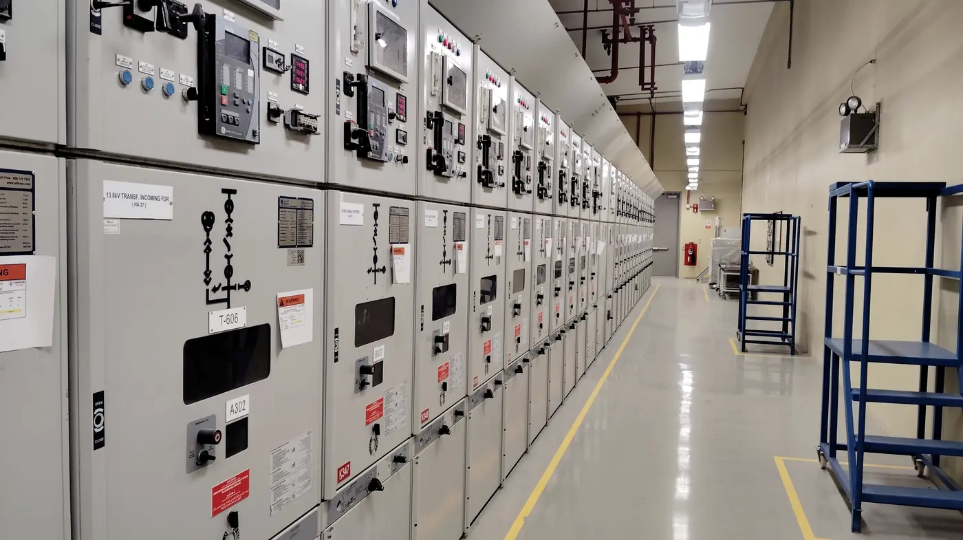 Corredor de painéis de média tensão em cabine elétrica