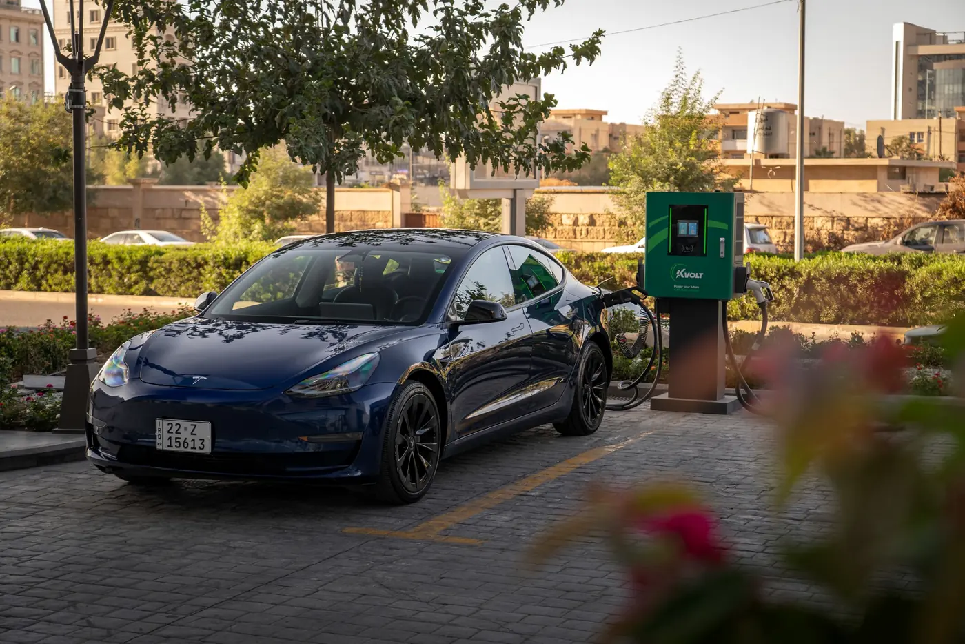 Carro elétrico estacionado ao lado do carregador em área arborizada