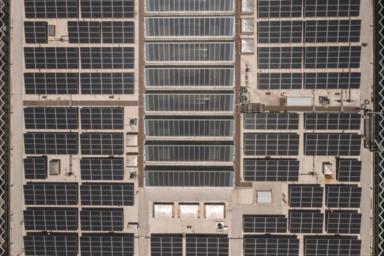 Cobertura de galpão industrial tomada por placas solares, vista de cima